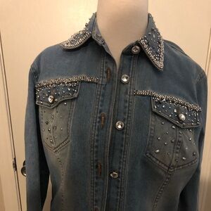 ANE V embellished rhinestone bling light blue denim jacket. Size Small